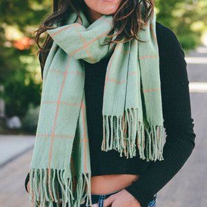 Acrylic Pale Green and Orange Plaid Scarf w/Fringe